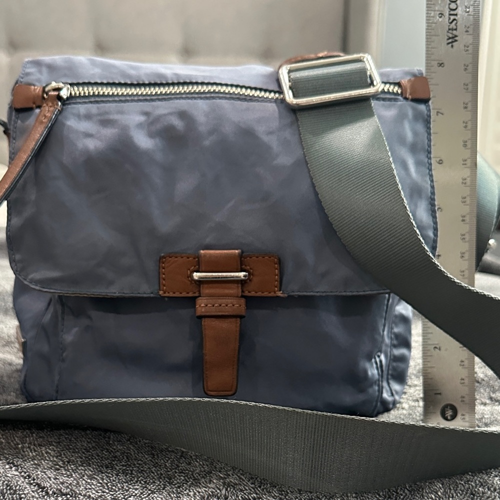 Tumi Blue Crossbody Bag with Brown Accents
